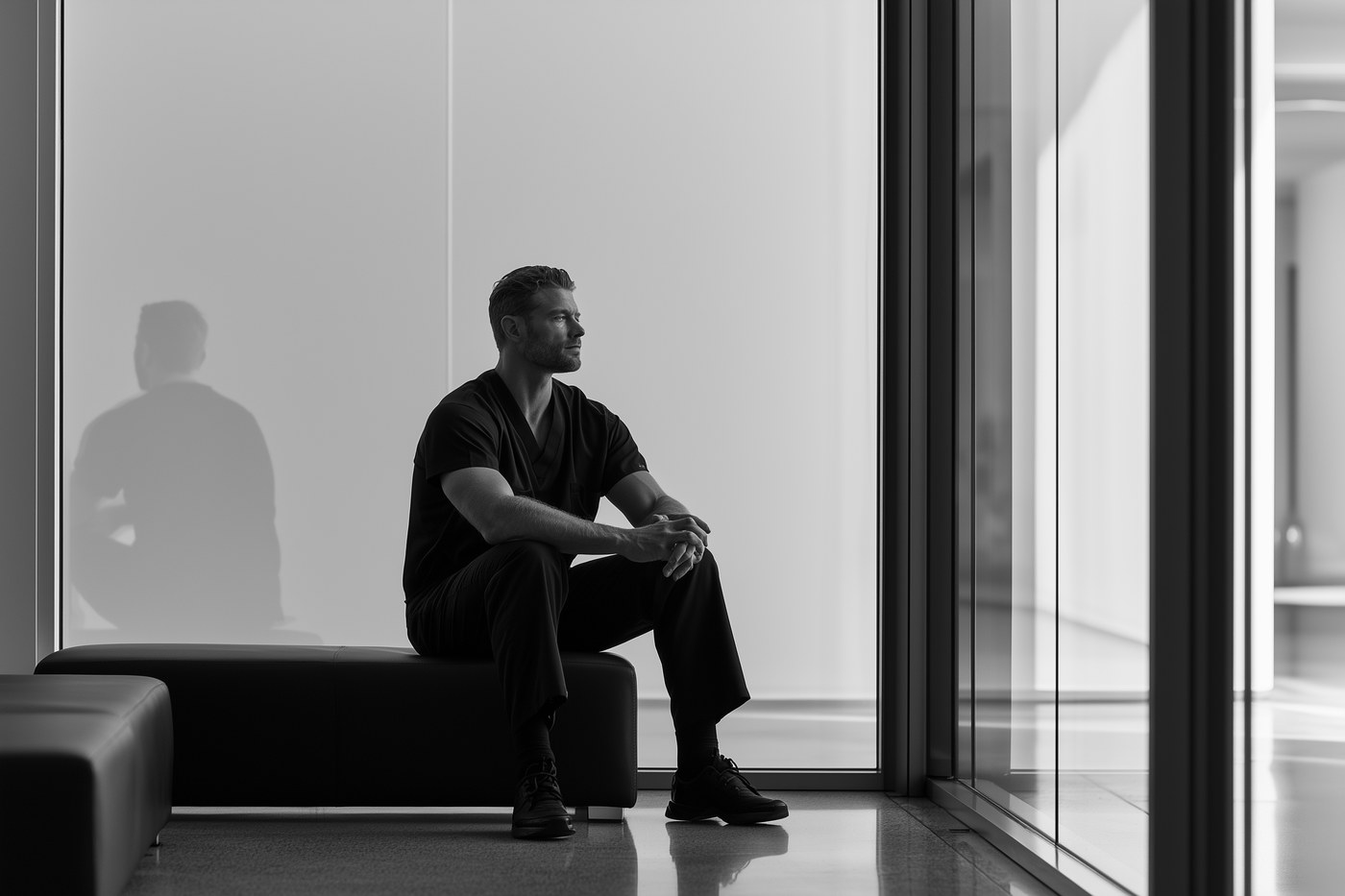 Surgeon taking a quiet moment in the clinic lounge