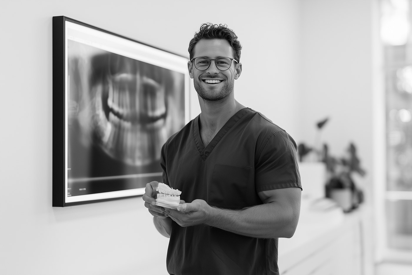 Surgeon reviewing a panoramic x-ray