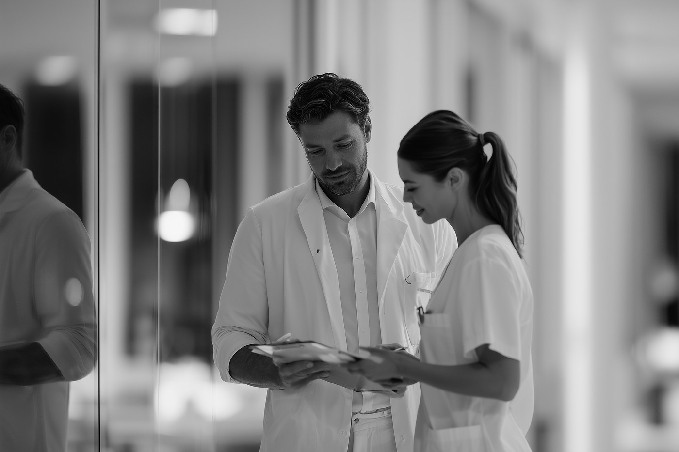Surgeon and assistant reviewing patient notes
